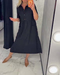 Black Collared Buttoned Waist-Cinching Dress