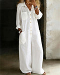 100% Cotton Lapel Collar Casual Wide Leg Jumpsuit