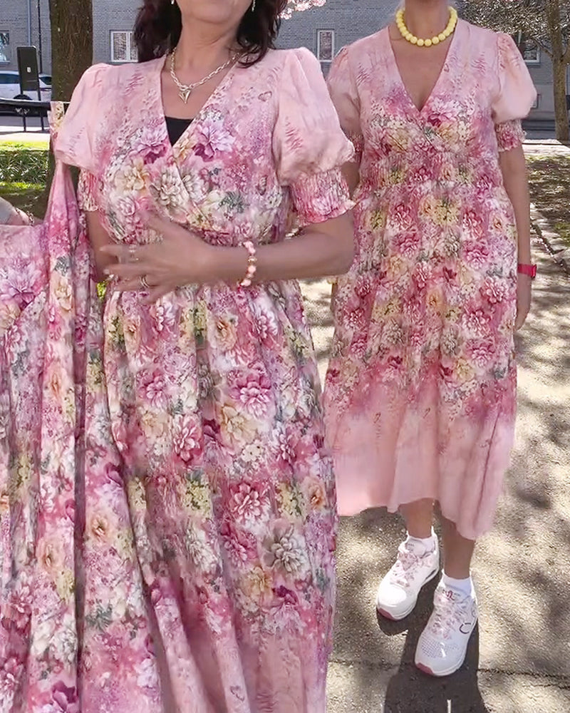 Puff Sleeve V-Neck Print Dress