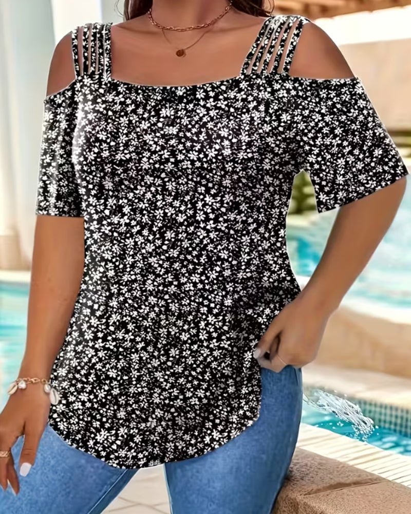 Off-Shoulder Floral Print Short Sleeve T-Shirt