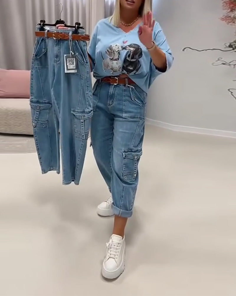 High Waist Cargo Style Jeans