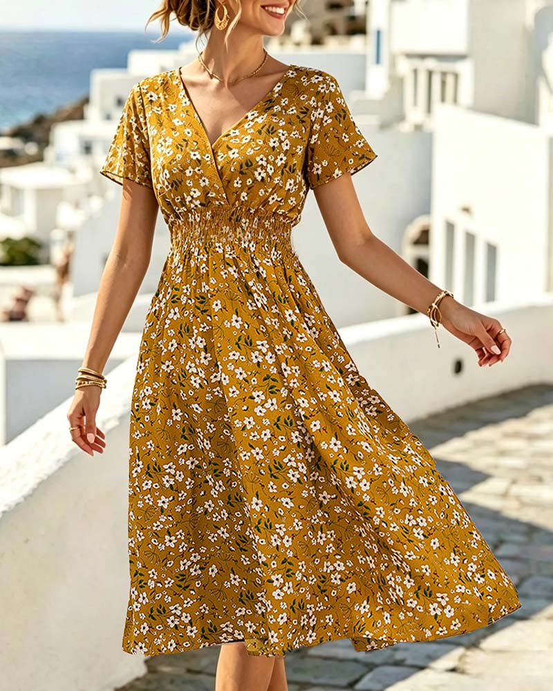 V-Neck Cinched Waist Floral Print Midi Dress