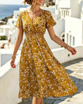 V-Neck Cinched Waist Floral Print Midi Dress
