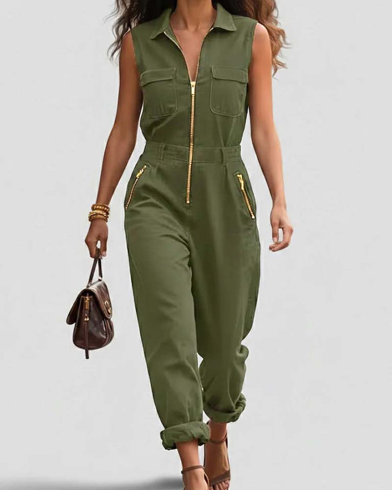 Zipper Front Sleeveless Jumpsuit