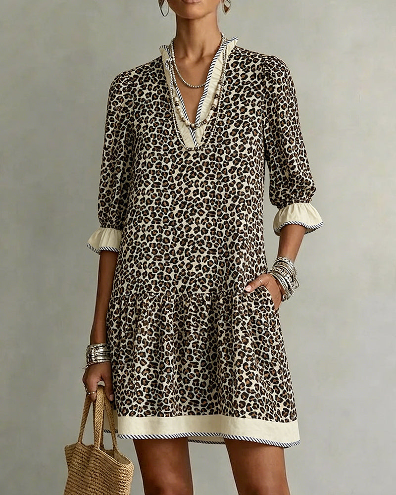 Leopard Print Ruffle V-Neck Dress