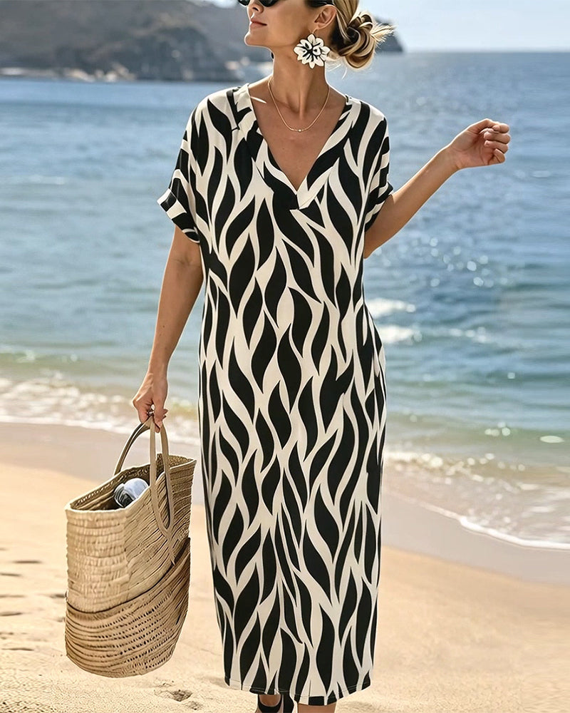 V-Neck Short Sleeve Loose Fit Dress