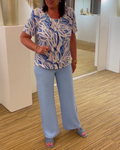 Printed short-sleeve round neck pleated blouse