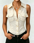 Sleeveless Lapel Button-Front Blouse