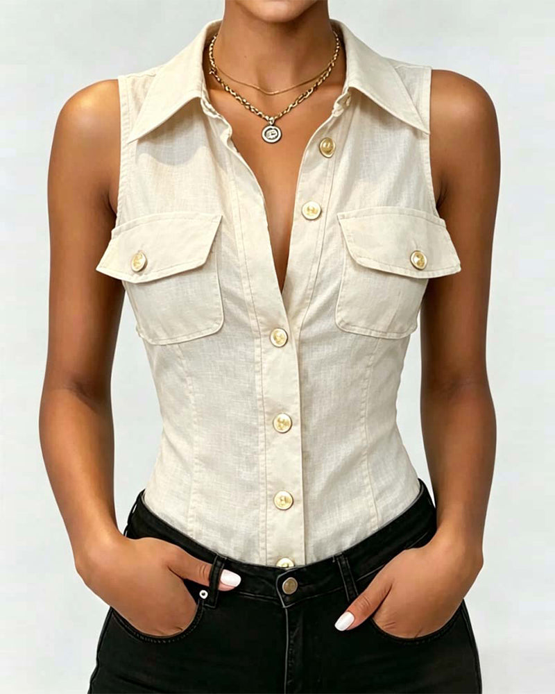 Sleeveless Lapel Button-Front Blouse