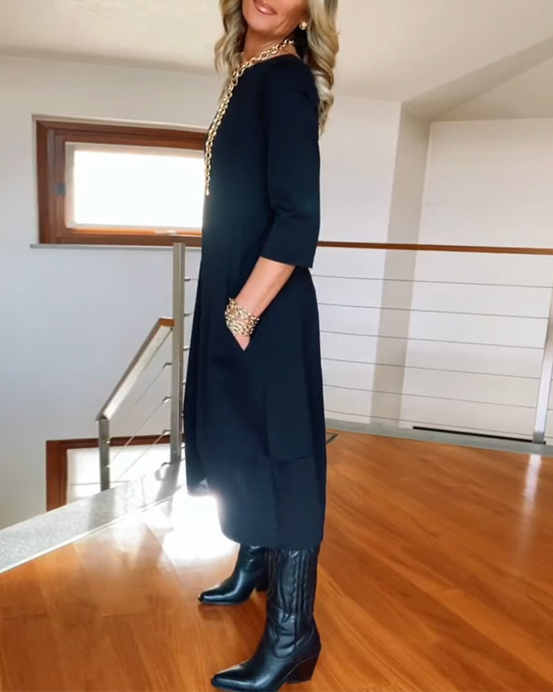 Elegant solid color round neck pocket dress