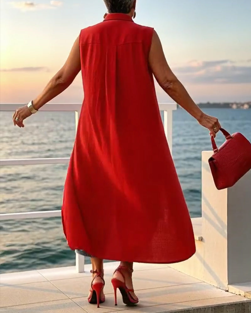 Lapel Sleeveless Shirt Dress