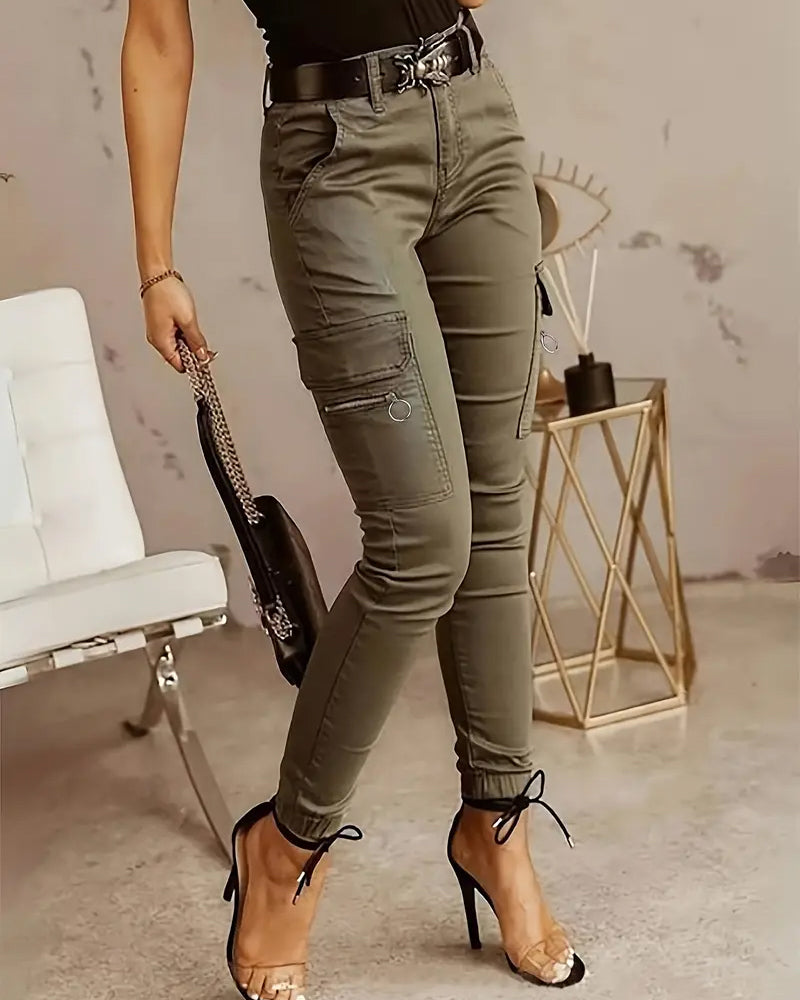 Mid-Waist Pocket Cuffed Cargo Pants