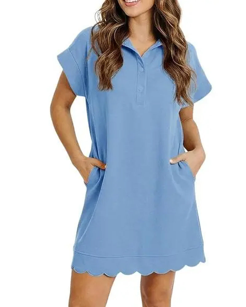 Polo Collar Button Half-Placket Scallop Edge Dress