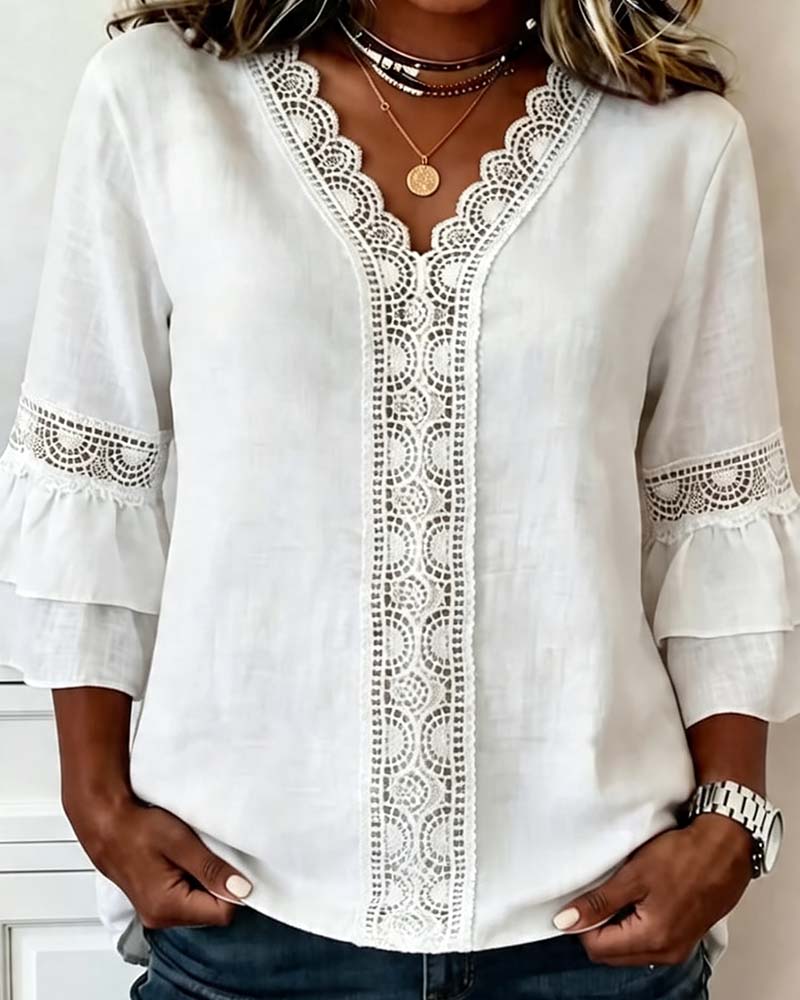 Lace V-Neck Double Layer Ruffle Bell Sleeve Blouse