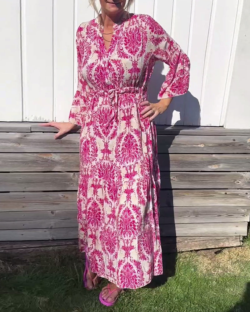 Printed bell sleeve drawstring dress