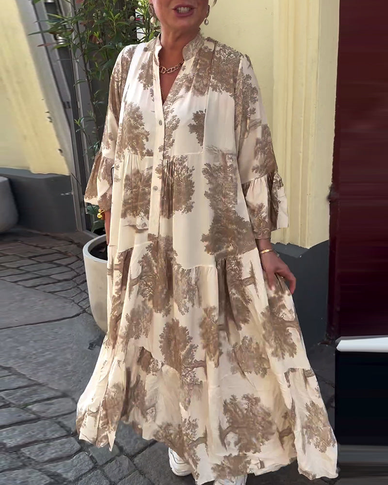Loose printed V-neck bell sleeve patchwork dress