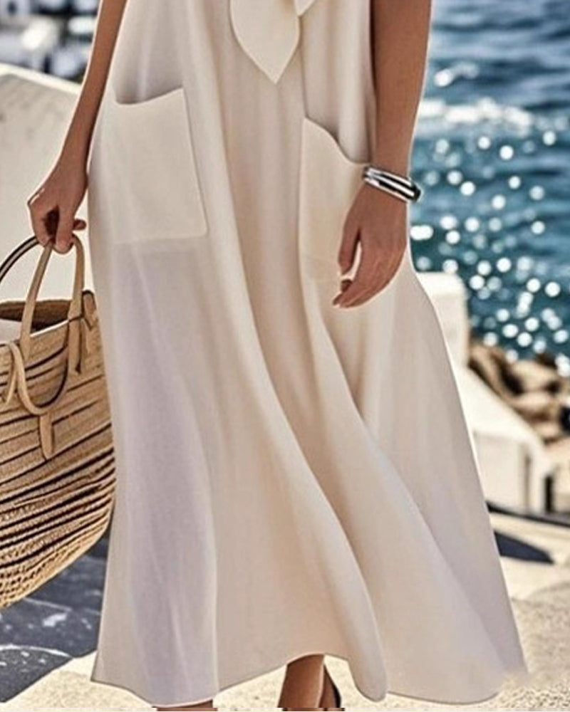 Solid Color Bow Collar Short-Sleeve Dress