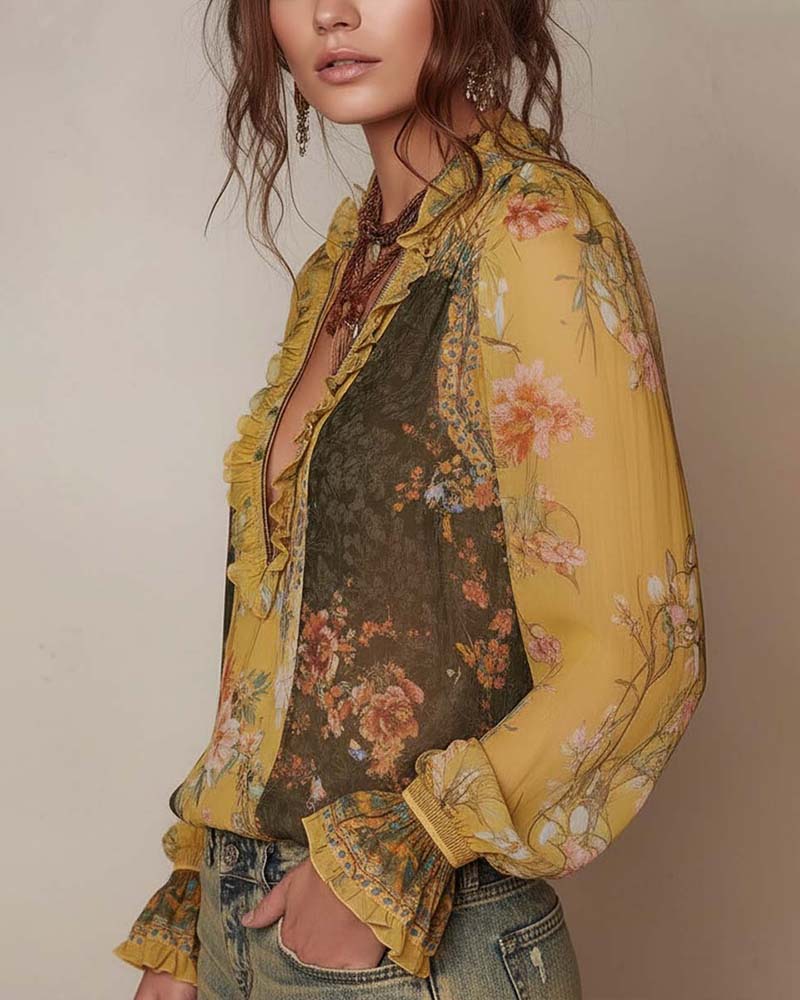 Half-Zip Floral Print Blouse