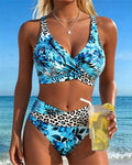 Crisscross Leopard Print Patchwork Bikini