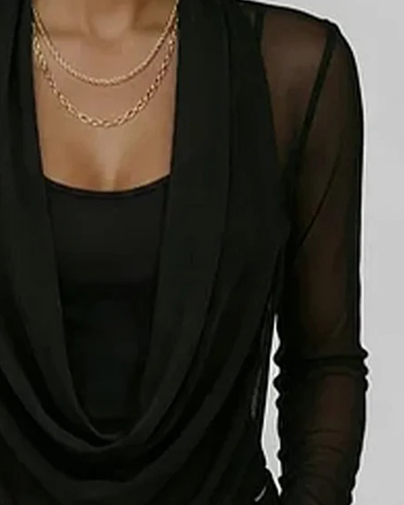 Mesh Layered Cowl Neck Long Sleeve Two-Piece Set