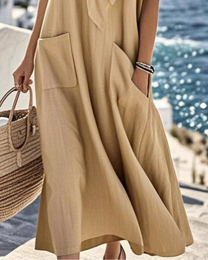 Solid Color Bow Collar Short-Sleeve Dress
