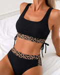 Leopard Pattern Panel Drawstring Bikini
