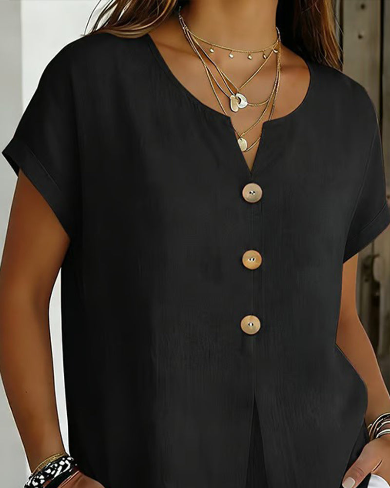 Three-Button Wide Solid Color Blouse
