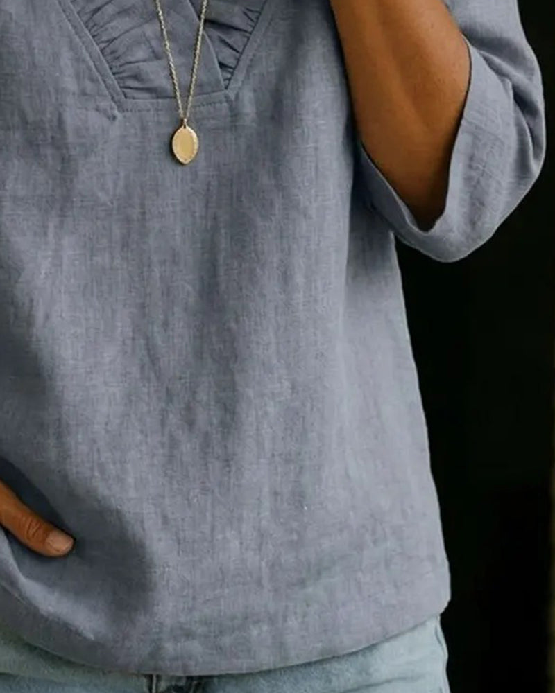 100% Cotton Ruffle V-Neck Three-Quarter Sleeve Blouse