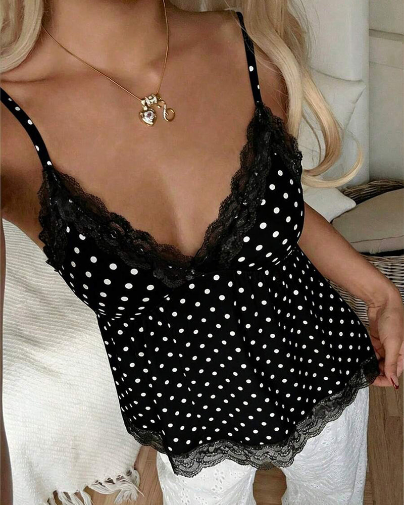 Polka Dot Lace-Trimmed Cami Top
