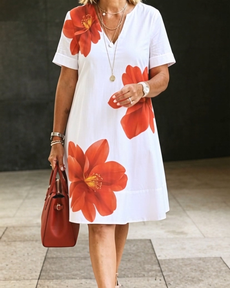 V-Neck Red Flower Print Dress