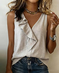 Ruffled Cotton Linen Sleeveless Tank Top