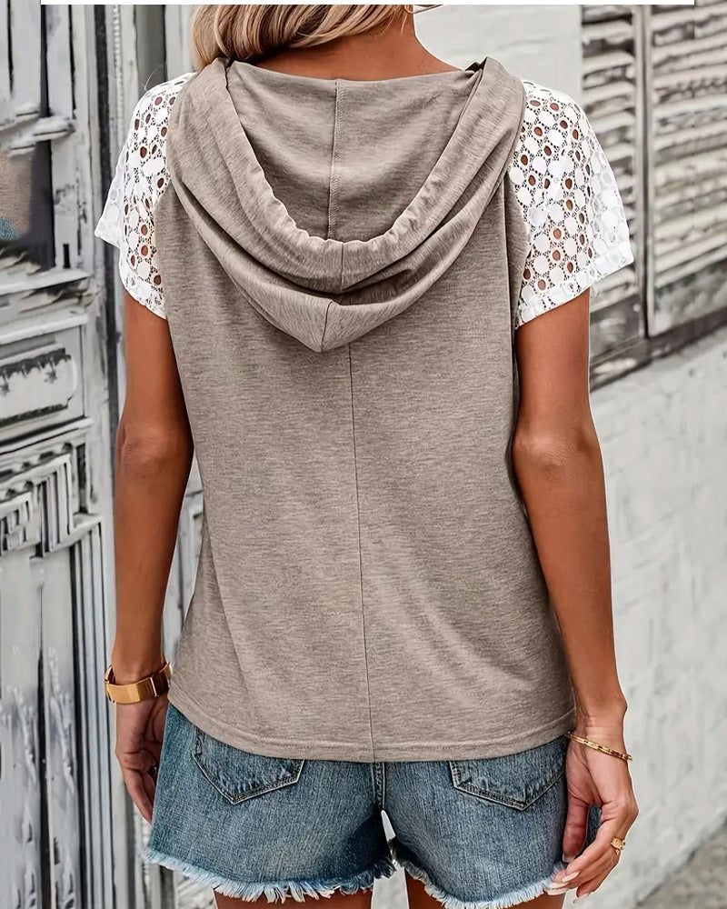 Hooded Hollow Lace Casual Blouse
