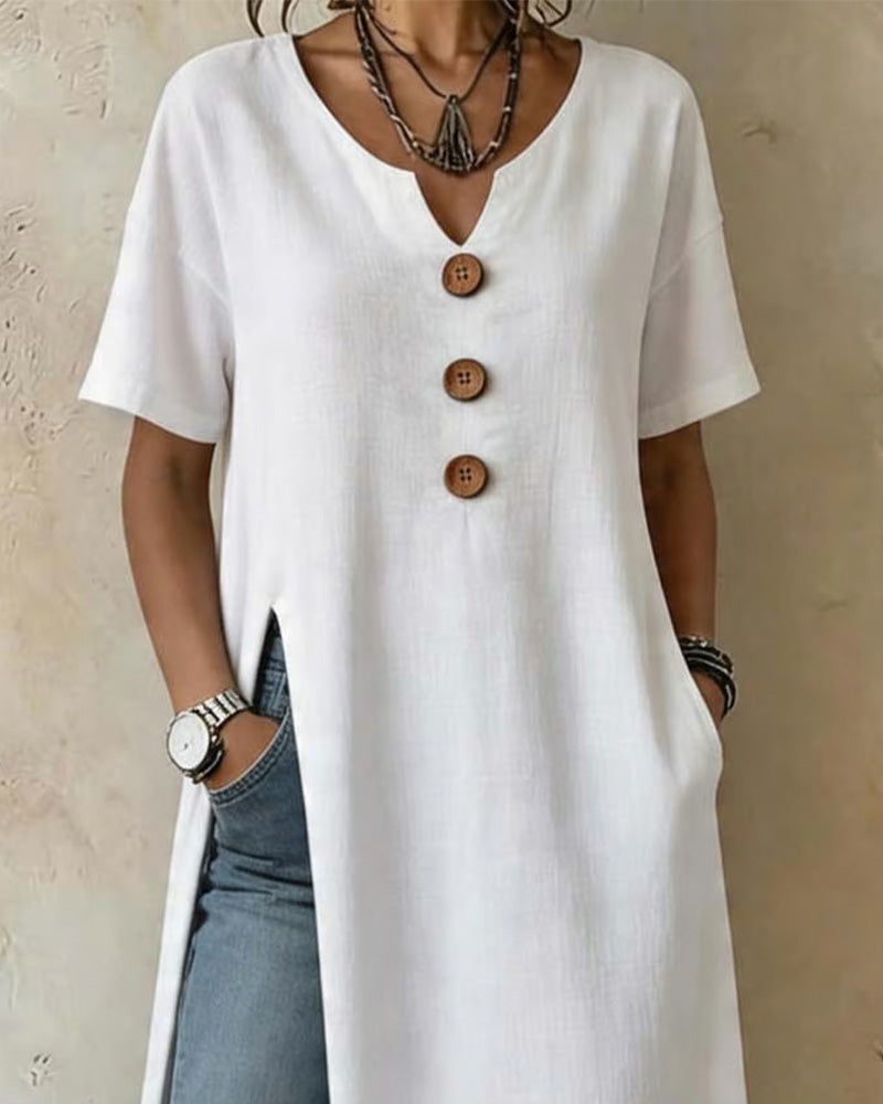 Three-Button Slit Solid Color Dress Blouse