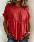 Drop Shoulder Solid Round Neck Short Sleeve Blouse