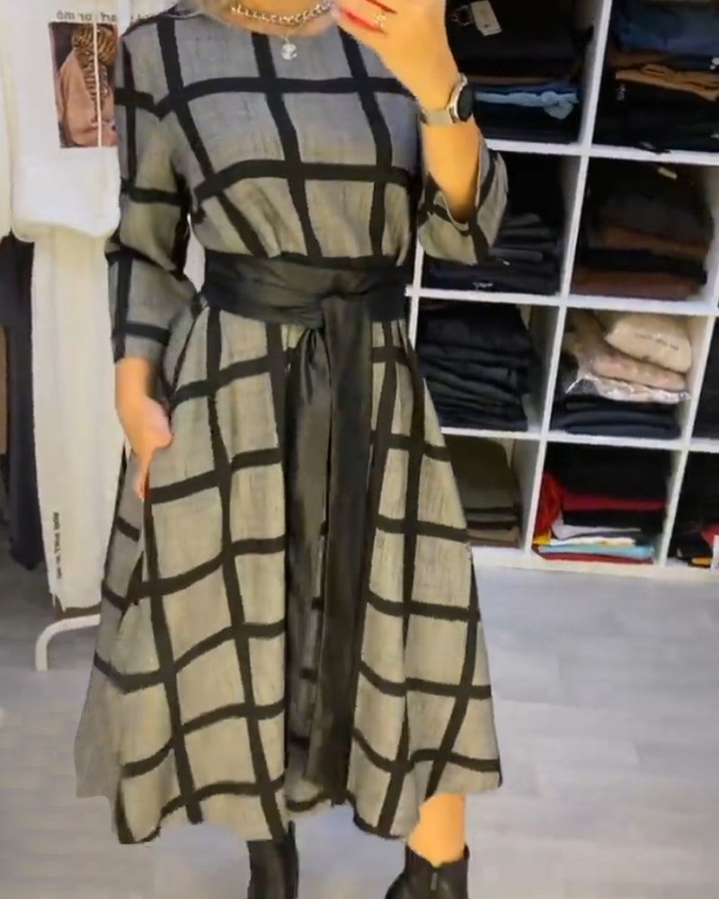 A-Line Plaid Dress with Round Neck