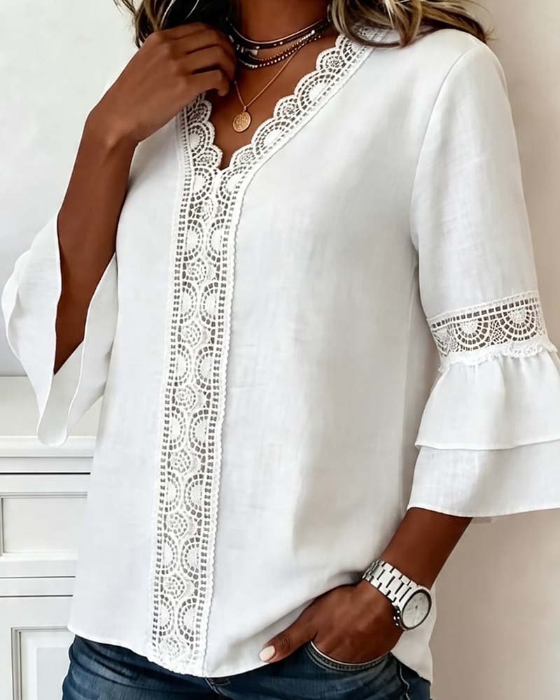 Lace V-Neck Double Layer Ruffle Bell Sleeve Blouse