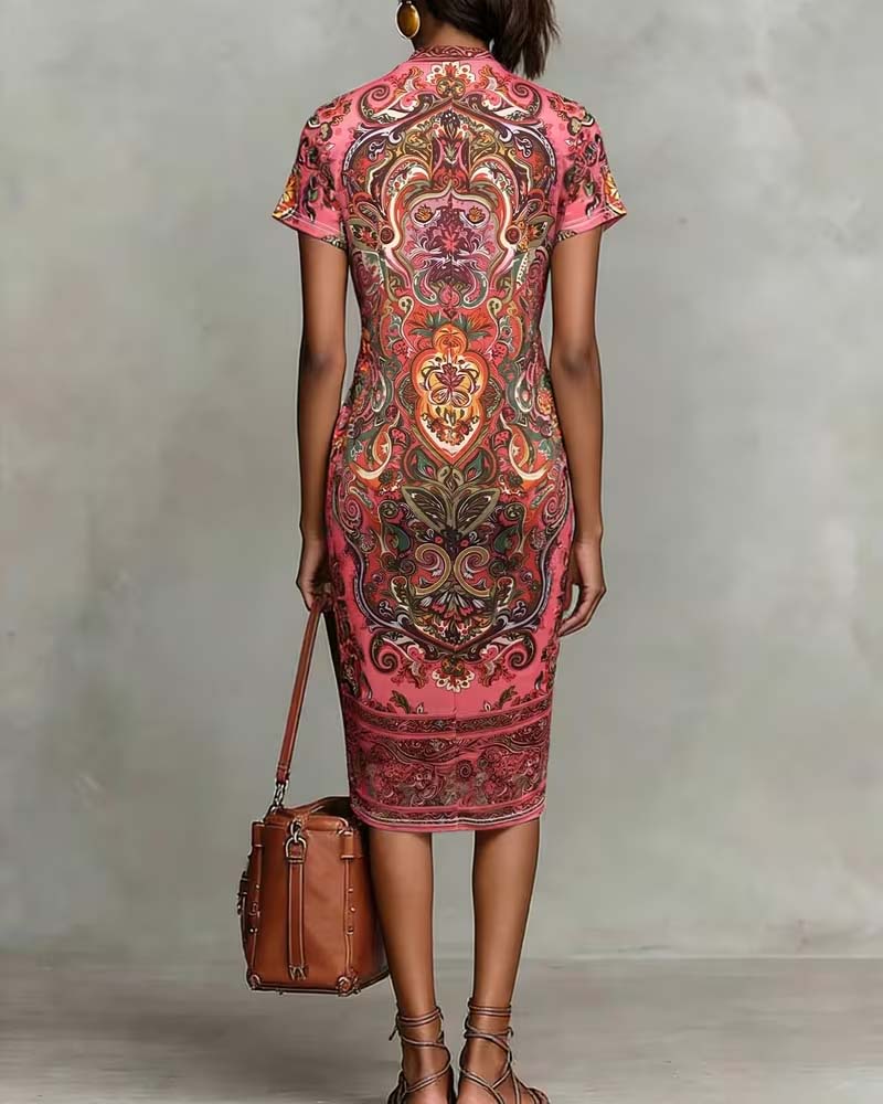 Vintage Print Turtleneck Dress