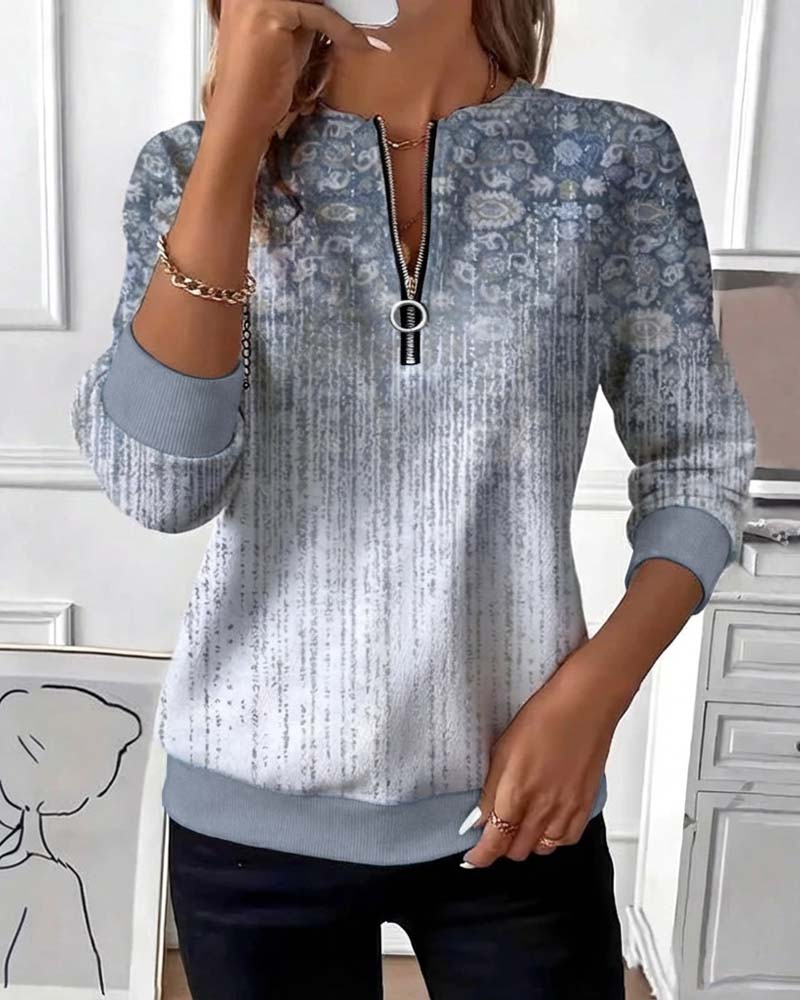 Zipper Retro Printed Sweatshirt