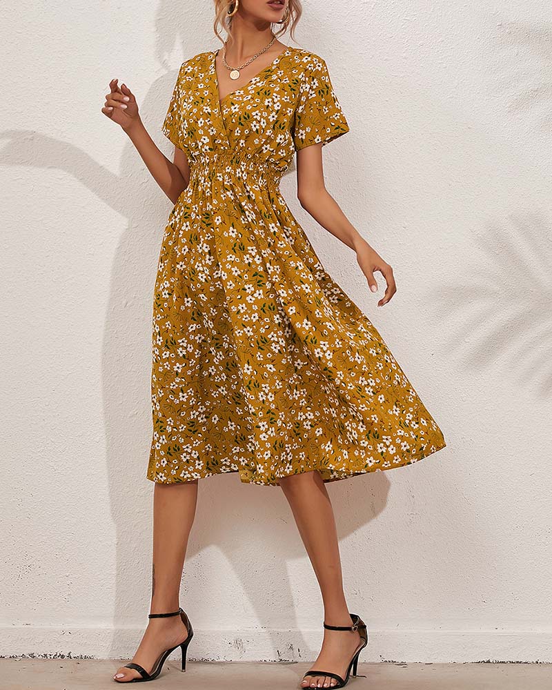 V-Neck Cinched Waist Floral Print Midi Dress
