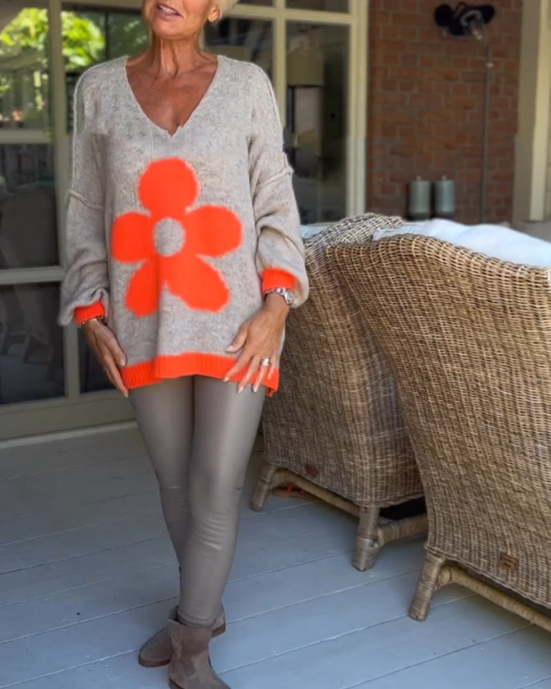 Floral pattern v-neck sweater