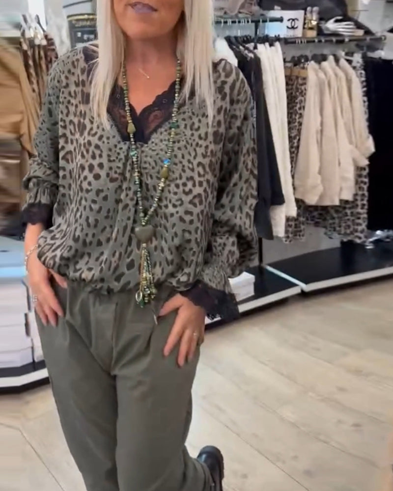 Fashion leopard print V-neck lace patchwork blouse