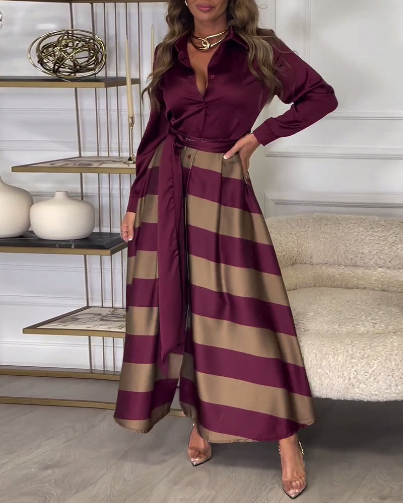 Elegant striped printed lapel strap dress
