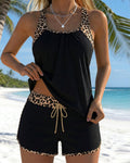 Leopard Pattern Ribbed Drawstring Tankini