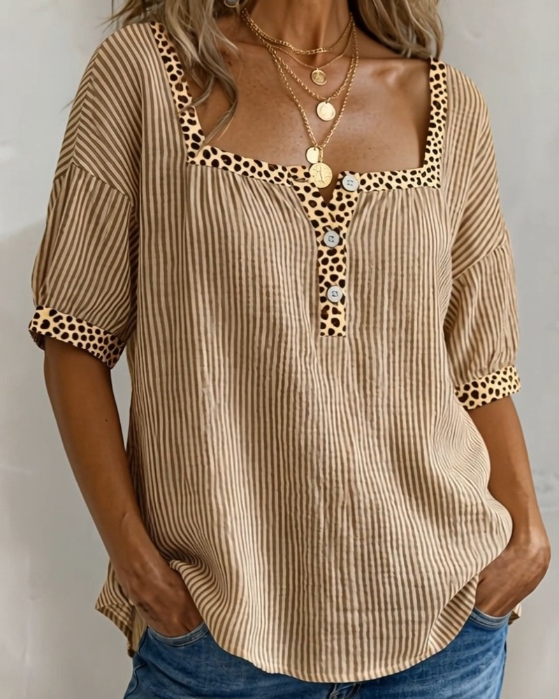 Square Neck Short Sleeve Leopard Print Blouse