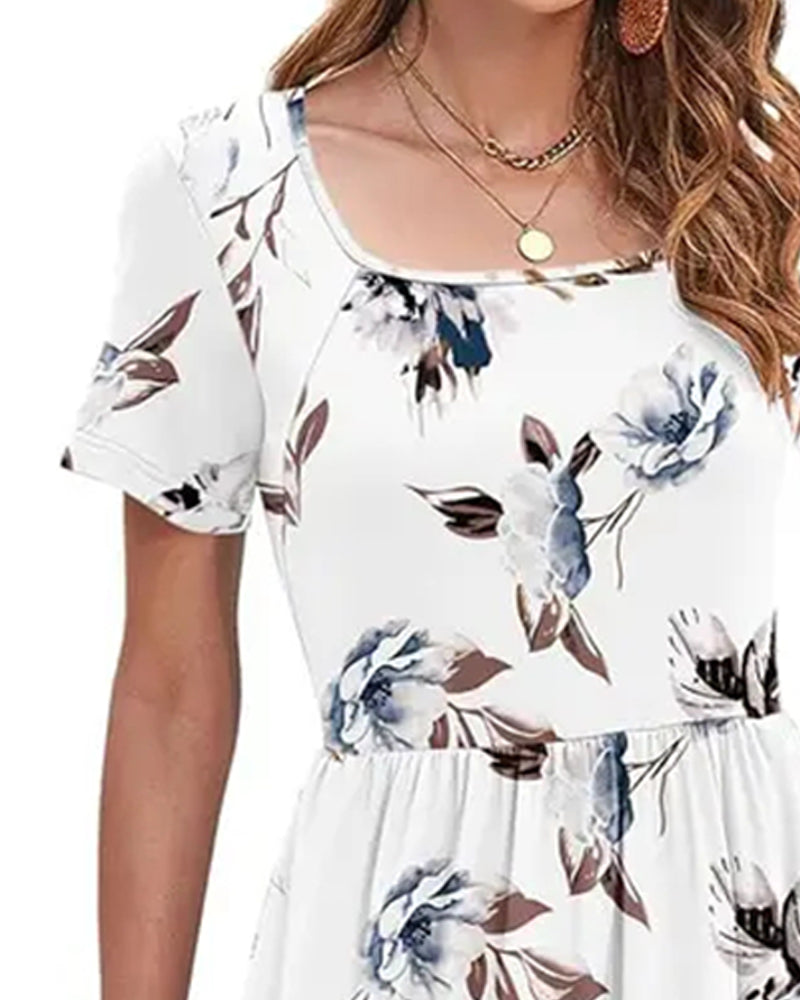 Square Neck Floral Short-Sleeve A-Line Dress