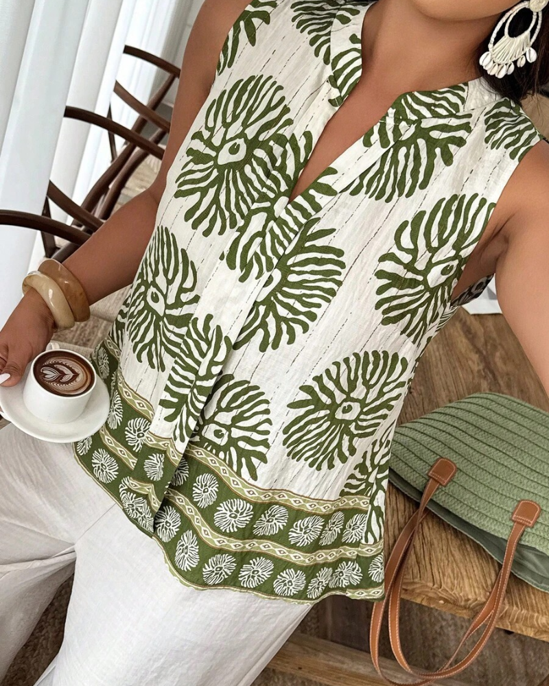 Plant Print Vest-Style Sleeveless Blouse