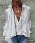 Pleated Lapel Solid Long Sleeve Shirt