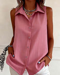 Sleeveless Lapel Textured Tank Top