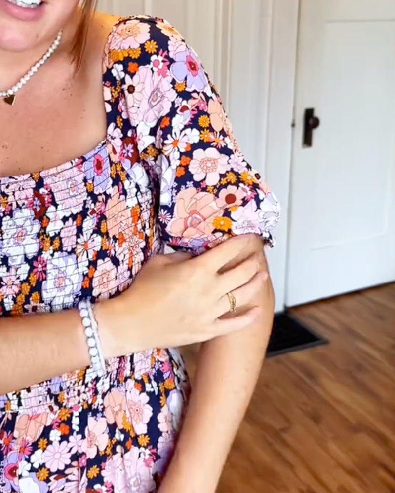 Square Neck Floral Shirred Jumpsuit