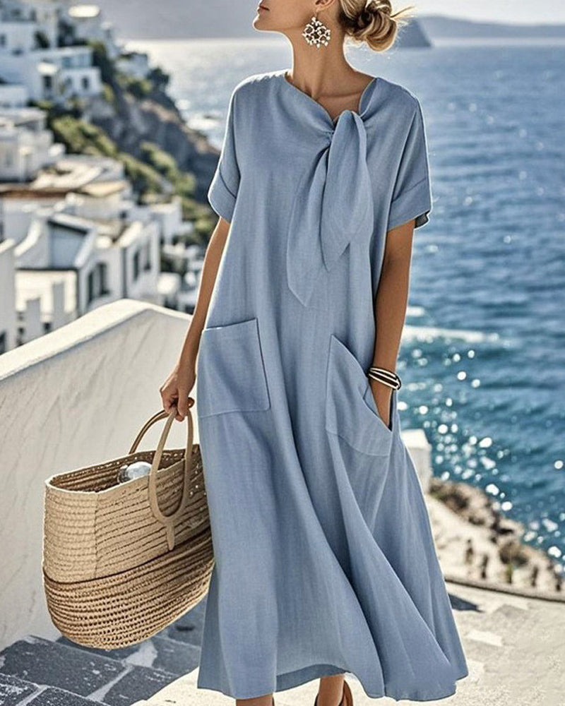 Solid Color Bow Collar Short-Sleeve Dress